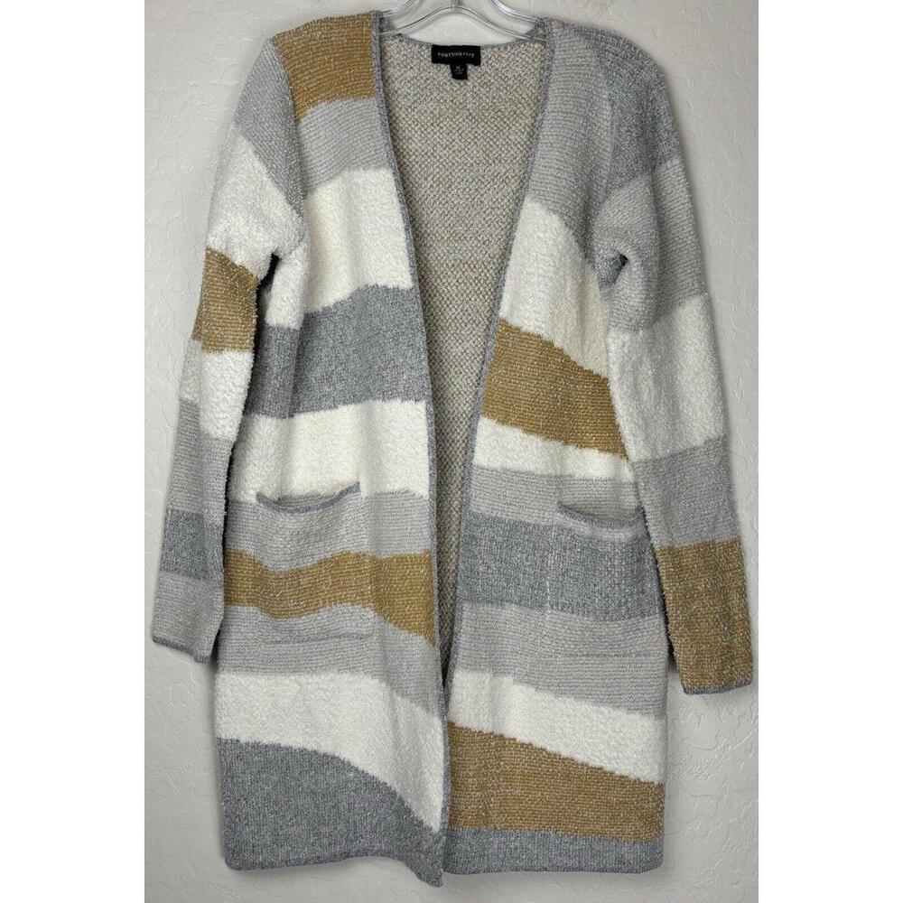 Fortune + Ivy Womens Grey Mustard Striped Open Front Cardigan Sweater Sz M 0676